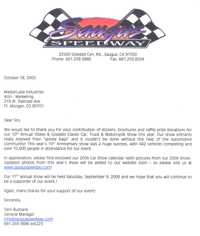 Saugus Speedway Letter