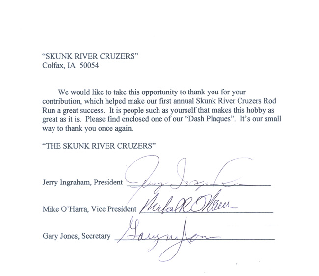 Skunk River Cruzers Letter